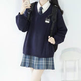 Drespot Japanese Style Solid Sweater Women Korean Fashion V-Neck Oversize Knitted Jumper Female Sweat Girl Long Sleeve Pullover