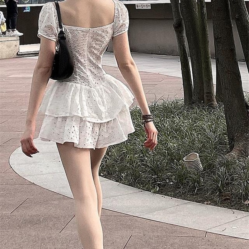 Drespot Vintage Corset Sexy Ruffle Dress Women Hollow Out Wrap Bodycon White Square Collar Summer Dresses Party Ladies  Chic