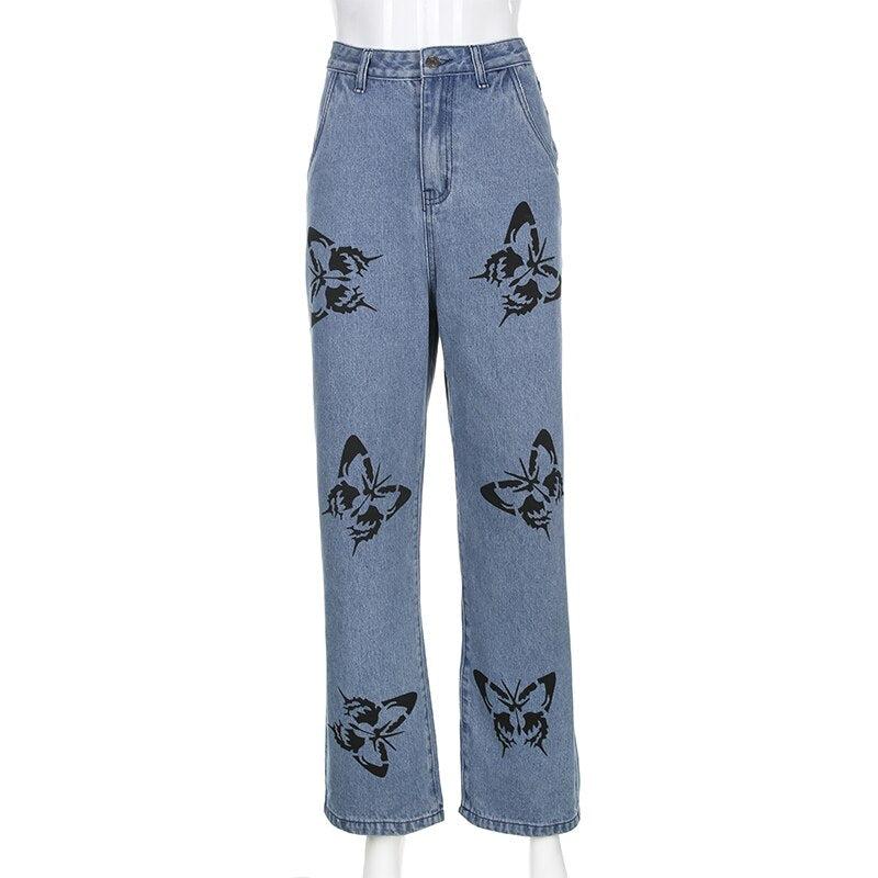 Butterfly Printed Baggy Denim Jeans Women High Waist Wide Leg Straight Pants Female Loose Casual  Trousers  Mujer Harajuku
