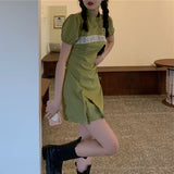 Women Dresses Short Puff Sleeve Patchwork Print Vintage Stand Collar Buttons Fashion Chic Side-slit Design Teens Mini Dress Slim