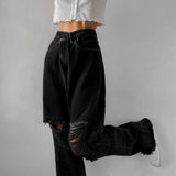 Vintage Ripped High Waist Wide Leg Women's Fashion Jeans Black Hole Oversize Distressed Mom Streetwear Denim Trousers  Iamhotty