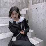 Drespot Autumn Gothic Lolita Kawaii Dress Women Peter Pan Collar Long Sleeve Black Midi Dress Lace-up Mall Goth Japanese Harajuku