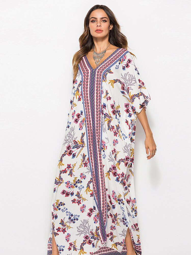 Drespot  Bohemian Printed V-Neck Batwing Sleeve Long Loose Summer Dress For Women Clothes Plus Size Streetwear Moroccan Caftan A525
