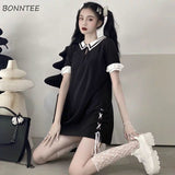 Dress Women Japanese College Style Navy Collar Butterfly-Sleeve Lace-up Slim Solid H-line Mini Thin Fashion Retro Summer Vestido