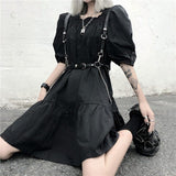 Drespot Women's Punk Goth Dress Gothic Harajuku Streetwear Puff Sleeve Black Ruched Mini Dress Summer Emo Dress  Woman Clothes