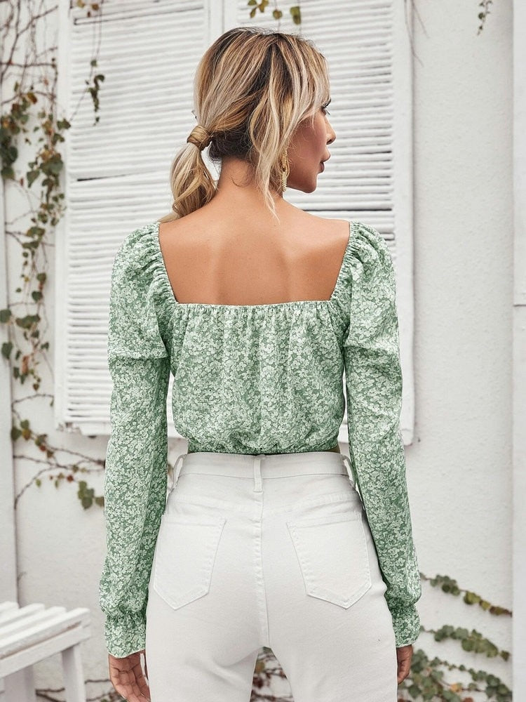 Drespot Prairie Chic Slim Chiffon Blouses Square Collar Butterfly Sleeve Backless Single-piece Set Sweet Top Spring  Pullover Tops