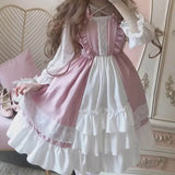 Drespot Kawaii Lolita Maid Dress Pink Goth Gothic Birthday Party Dress Puff Sleeve Japanese Harajuku Ruffle Lace-up Soft Girls