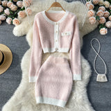 Drespot  Small Fragrance Knitted Two Piece Set Women Sweater Cardigan Crop Top + Bodycon Mini Skirts Sets Korean Sweet 2 Piece Suits