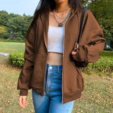 Drespot Brown Y2K Aesthetic Hoodies Women Vintage Zip Up Sweatshirt Winter Jacket Clothes Pockets Long Sleeve Hooded Pullovers