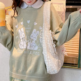 Deeptown Kawaii Cartoon Printed Knitted Sweater Women Preppy Fashion Green Long Sleeve Oversize Jumper Female Korean Style Tops
