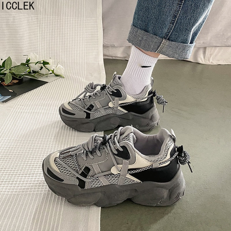 Drespot  Black Platform Sneakers Women Shoes Casual Lace Up Thick Sole Shoes Woman Beige Winter Chunky Sneakers Leather Vulcanize Shoes