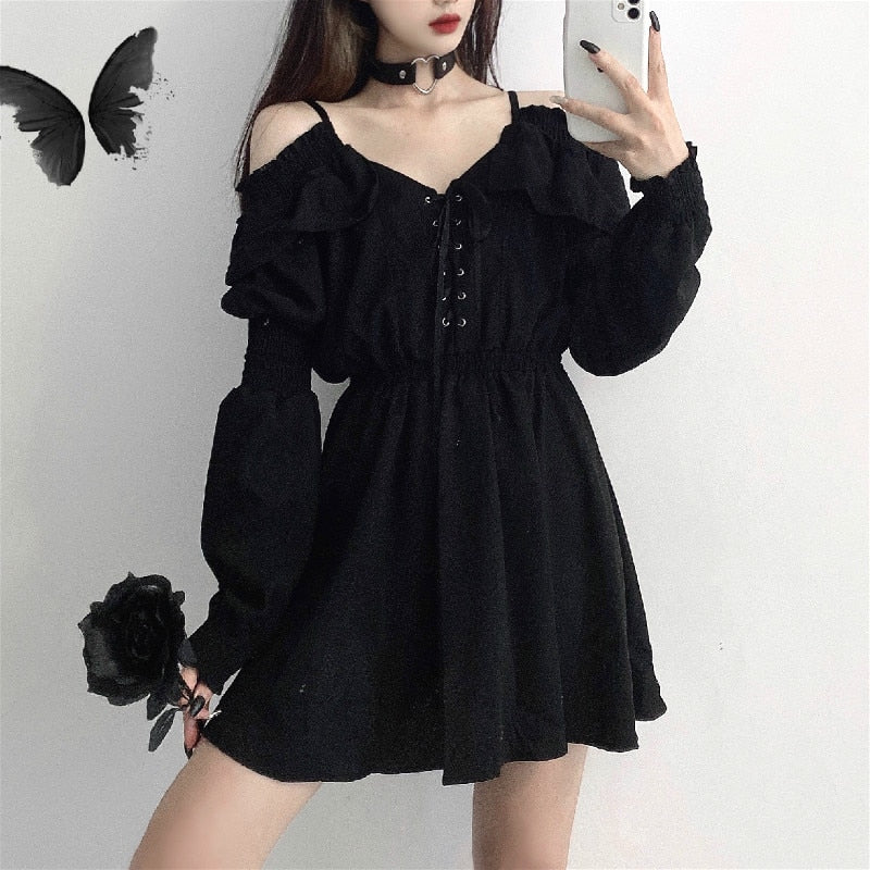Drespot  Gothic Black Dress Women Casual Button Lace Evening Party Sexy Mini Dress Female Long Sleeve One-piece Dress Korean  Autumn