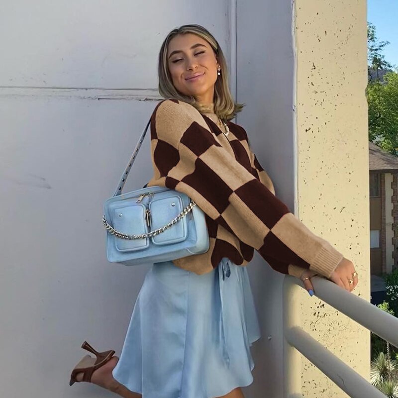 Checkerboard Plaid Sweater Women Pull Oversized Sweaters Vintage Pullovers Loose Jumper Aesthetic Tops Fall Winter Iamhotty