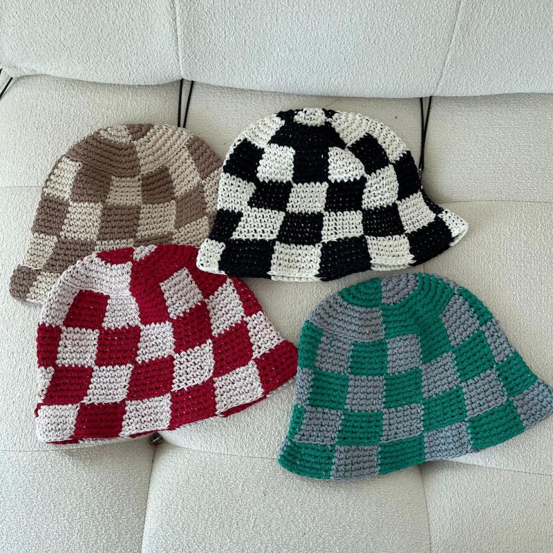 Fashion Checkerboard Bucket Hat Women Handmade Crochet Knitted Hat Outdoor Warm Tide Caps