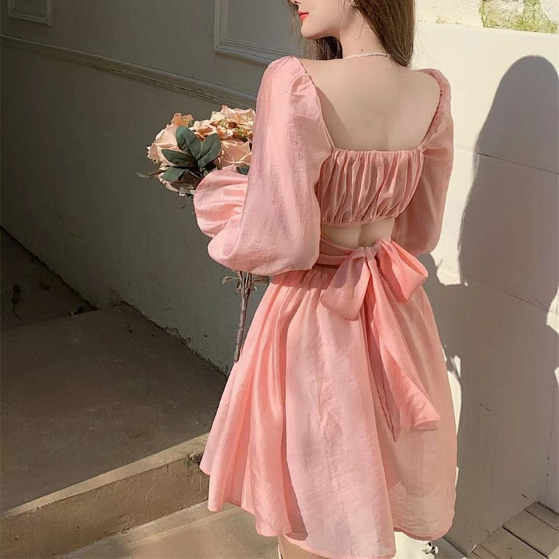 Drespot Pink Sweet Elegant Princess Dress Women Casual Korean Slim Long Sleeve Fairy Dress Female Backless Design Vintage Dress  New