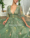 Drespot Green Embroidery Lace Midi Prom Dresses Deep V-Neck Half Sleeves Tea-Length Tulle Wedding Party Dresses Formal Gowns