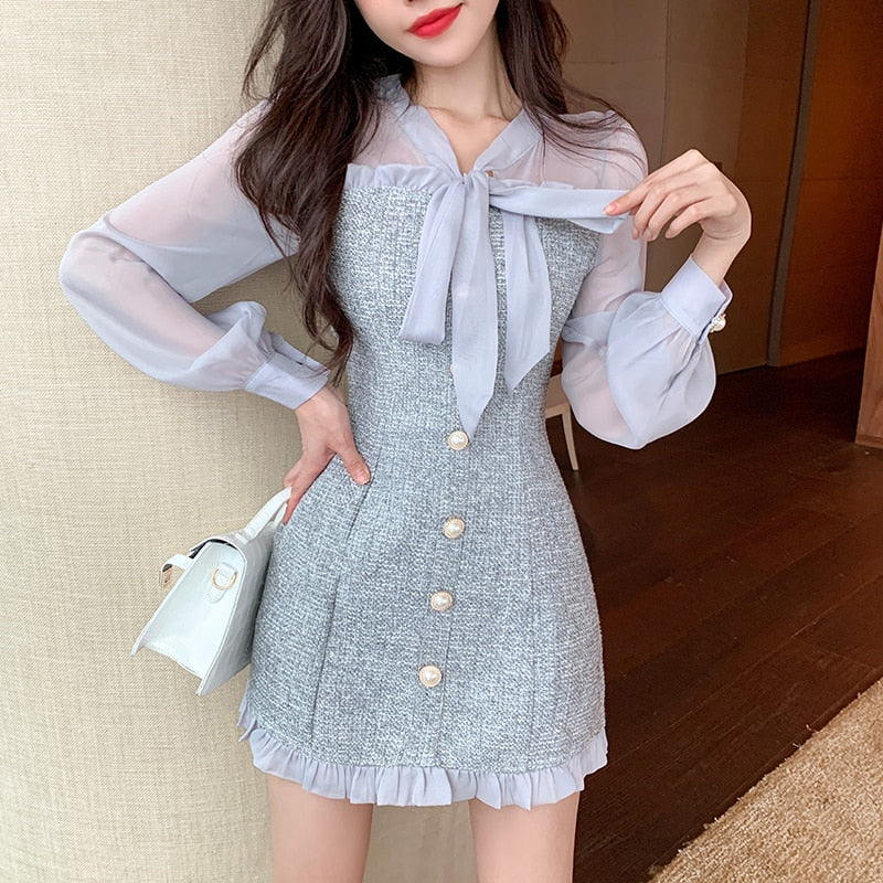Drespot  New Spring Vintage Sexy See-through Chiffon Patchwork Tweed Mini Dress Women Ribbon Bow Single-breasted Long Sleeve Party Dress