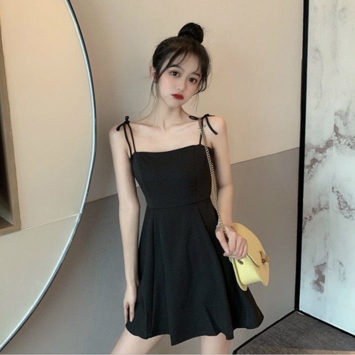 Drespot Black Spaghetti Strap Slip Dress  Summer Sundresses Korean Fashion Style Off Shoulder Dress Backless Mini Party Dress