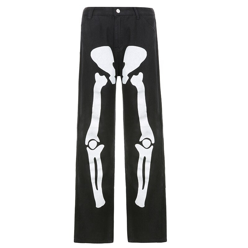 Skeleton Print Gothic Black Jeans Women Vintage Wide Leg Cargo Denim Pants Hip Hop Streetwear Casual Sweatpants New Iamhotty