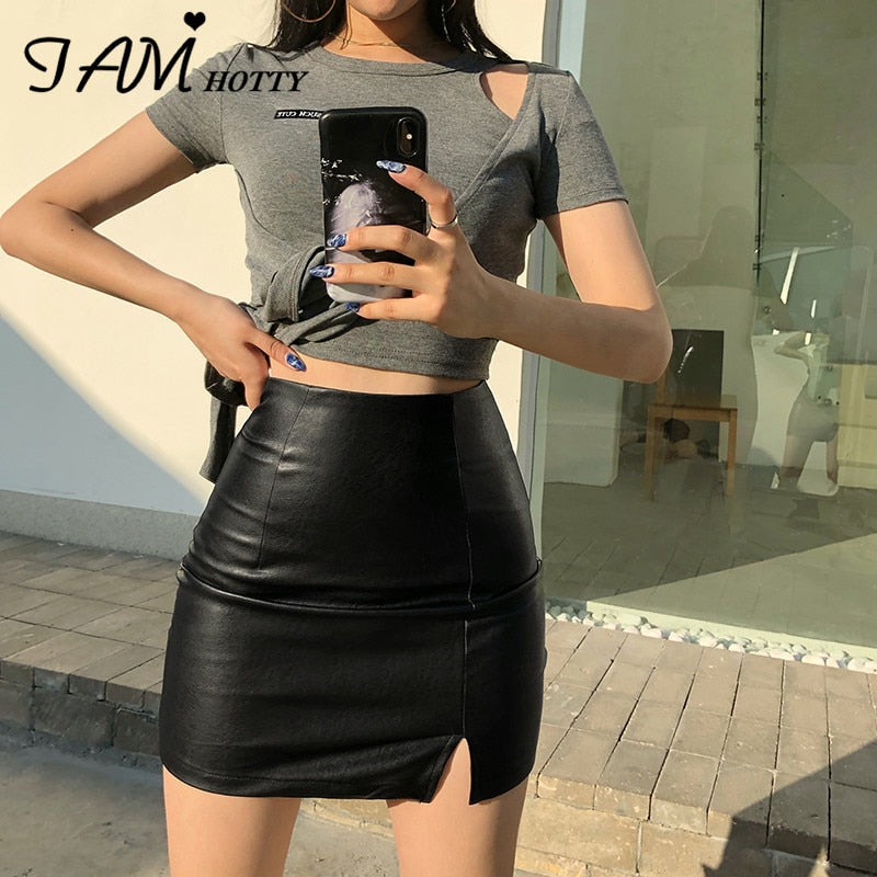 Black Split Mini Black Leather Skirt Women Korean Fashion High-waisted Punk Style Bodycon Goth Sexy Skirts Female   Iamhotty