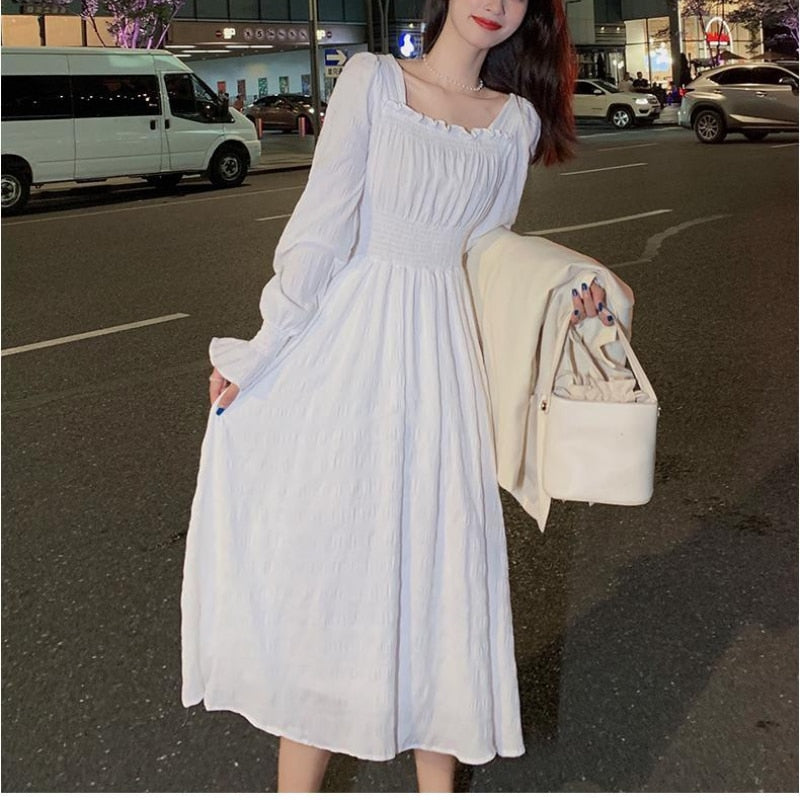 Drespot  White Elegant Dress Women Square Collar Long Sleeve Dresses Vintage Autumn  Fairy Robe Korean Fashion Outfits