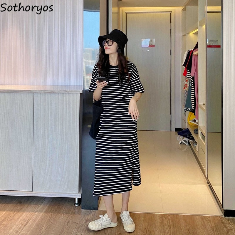 Drespot Short Sleeve Dress Women Large Size 3XL Striped Vestido De Mujer Loose Casual All-Match New Korean Fashion Harajuku Simple Chic