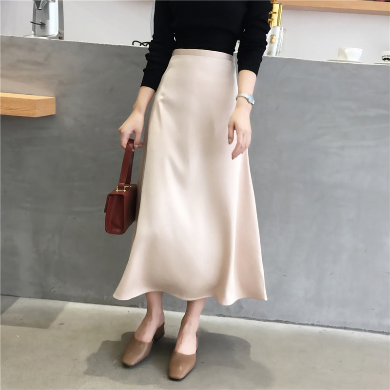 Drespot Women Elegant Office Lady Quality Glossy Satin Skirt Plain Shiny Fashion Solid High Waist Female Skirts