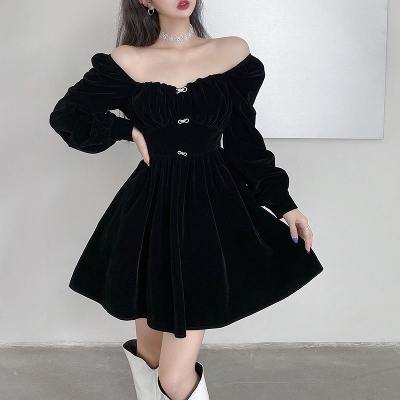 Drespot Elegant Vintage Mini Dress Women Black Sexy Long Sleeve Autumn Winter Dresses Gothic Off Shoulder Fashion Female Robe