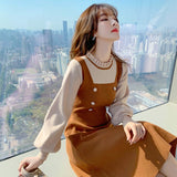 Drespot Vintage Knitted Woman Dress Women Party Slim Waist Long Sleeve A Line Sweater Dresses Ladies Fake Two Vestidos Mujer Winter
