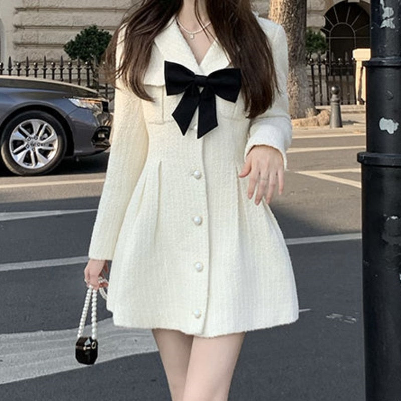 Drespot  High Quality Small Fragrance Tweed Mini Dress Women Long Sleeve Bow Slim Party Dress Autumn Winter Korean Sweet Robes Vestidos