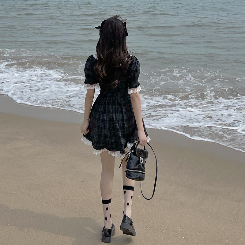 Drespot Kawaii Cute Dress Woman Soft Vintage Grunge Plaid Sundress Lace Princess Lolita Mini Dress Gothic  Japanese