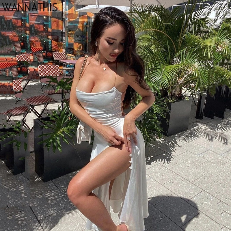 Drespot Wanna This White Midi Calf Dress For Woman V-Neck Sleeveless Cami Criss Side Split Elegant Sexy Wrap Clubwear Fashion Dress