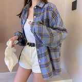 Women Plaid Shirts Korean Fashion Long Sleeve Blouses Loose Oversized Vintage Harajuku Top Cardigan Spring Autumn Blouse