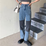 Drespot Thanksgiving 90S Patchwork Jeans Womens High Waist Straight Leg Colorblock Puddle Jean E-Girl Y2K Aesthetic Clothes  Summer Streetwear /