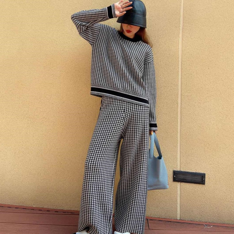 Drespot  Luxury Designer 2 Piece Set Women Tracksuit Autumn Houndstooth Knitted Pullover Sweater + Pant Suits Casual Sweat Suit Set