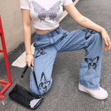Back To School Outfits Cyber Y2K Denim Pants With Printed Butterfly High Waist Straight Cut 90S Baggy Jeans Women E-Girl Aesthetic Streetwear /