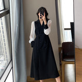 Drespot Vintage Fashion Belt Maxi Dresses for Women Notched Long Sleeve Office Ladies Blazer Dress Autumn Winter Long A-Line Black Dress