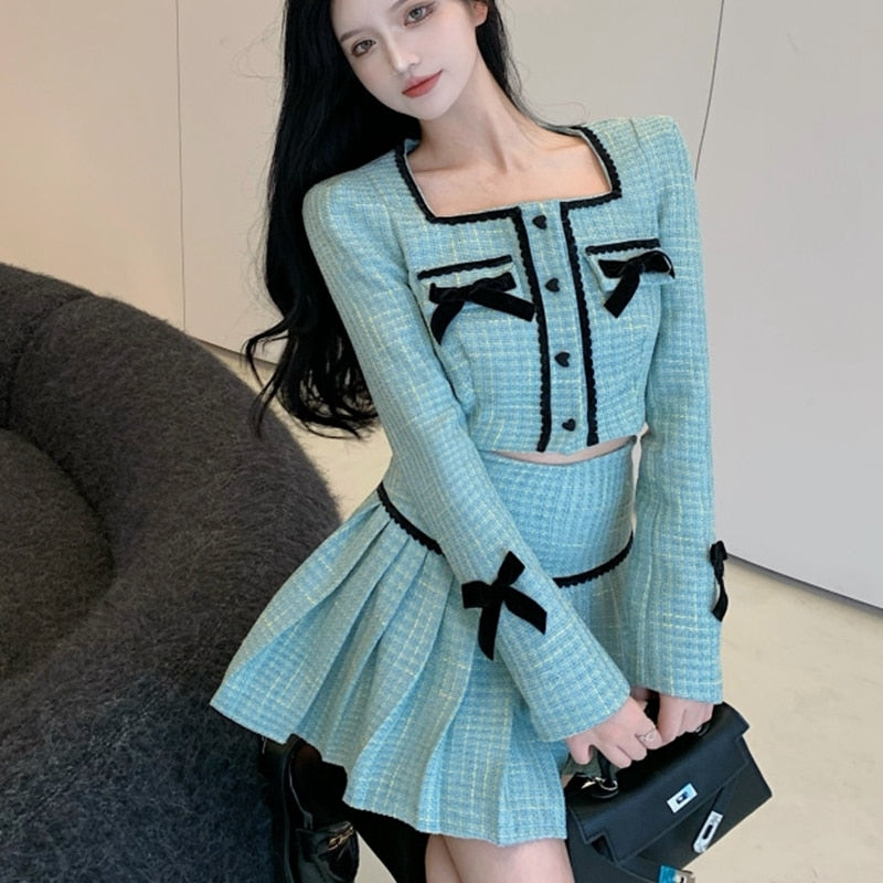 Drespot  High Quality Fall Fashion Sweet Tweed 2 Piece Set Women Short Jacket Coat Crop Top + Skirts Sets Small Fragrance Two Piece Suits