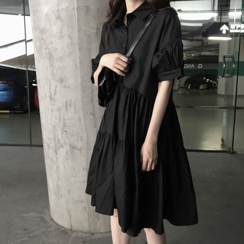 Drespot Summer Balck Shirt Dress  Fashion Korean Style Casual Short Sleeve Button Turn-down Dresses Streetwear Women Oversized
