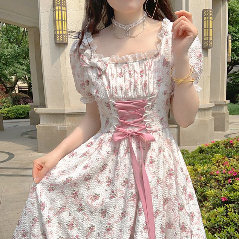 Drespot Lolita Japanese Dress Women Casual Long Sleeve Vintage Floral Midi Dress Party  Autumn One Piece Dress Korean Kawaii Clothes