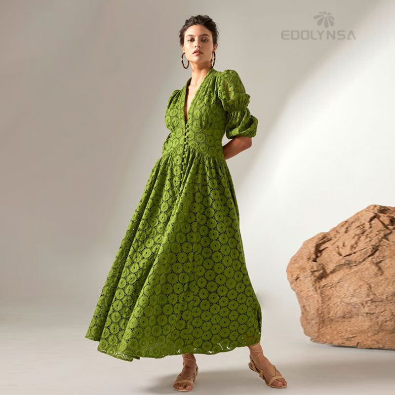 Elegant Green Dress  Spring/Autumn Women Floor-Length Dresses Long Lantern Sleeve Club Party Evening Maxi Dresses A987