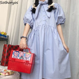 Women Short Sleeve Dresses Solid Blue Students Sweet Cute Kawaii Simple Puff Sleeves High Waist Loose Summer College Korean Chic