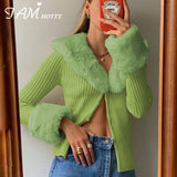 Faux Feather Patchwork Knitted Cardigan Women Sexy Elegant V Neck Button-down Korean Long Sleeve Knitwear Outfits Iamhotty