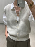 Drespot Knitted Sweater Vest Women Stretchy Simple Basic Daily V-neck Solid Open-stitch Female Korean Clothes