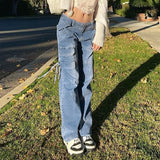 Drespot Thanksgiving Straight Leg Cargo Jeans With Belt Big Pocket Mid Waist Denim Blue Baggy Jean Y2K Women E-Girl Aesthetic Streetwear