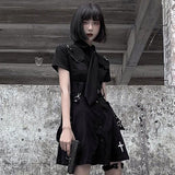 Drespot Goth Dress Punk Gothic Harajuku Summer Black Mini Dress Shirt Women  Short Sleeve Emo Clothes Mall Goth Dark Academia
