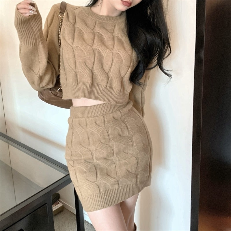 Drespot  Lazy Autumn Elegant Ladies Knitted Sweater Skirt 2 Piece Set Women Fashion O Neck Long Sleeve Pullovers Crop Top Skirt Suits