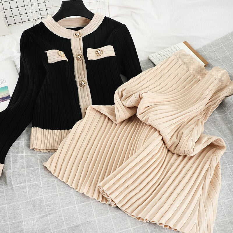 Drespot  Korean Chic Vintage Knitted 2 Piece Set Women Crop Top Pearl Buttons Sweater Cardigan + Pleated Long Skirt Suit Two Piece Set
