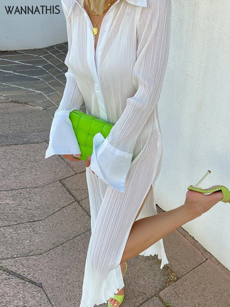 Drespot Wannathis Turn Down Collar  Midi Dress  Folds Split Button Casual  Autumn Long Sleeve Elegant Sexy Vintage Chic White Dress