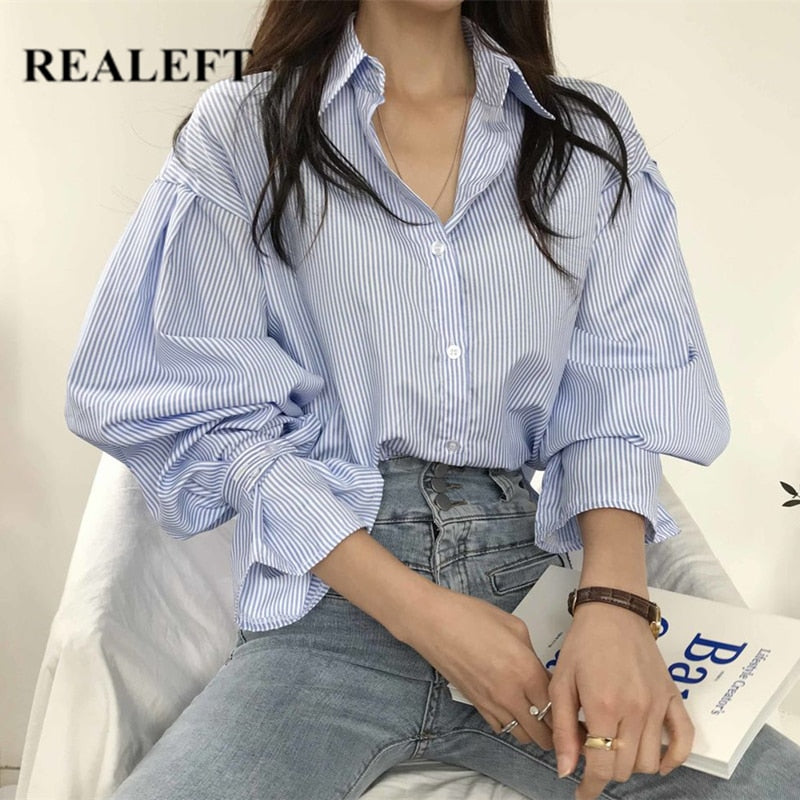 Drespot Vintage Striped Oversize Women's Blouse Spring Summer Fashion Lantern Sleeve Buttons Loose Female Shirts Tops  New